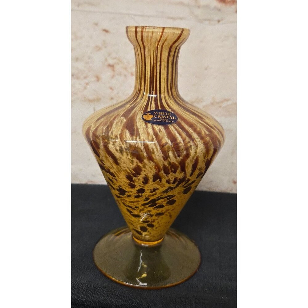 Murano Italy White Cristal Amber Swirl Hand Blown Footed Vase 6.5" Tall